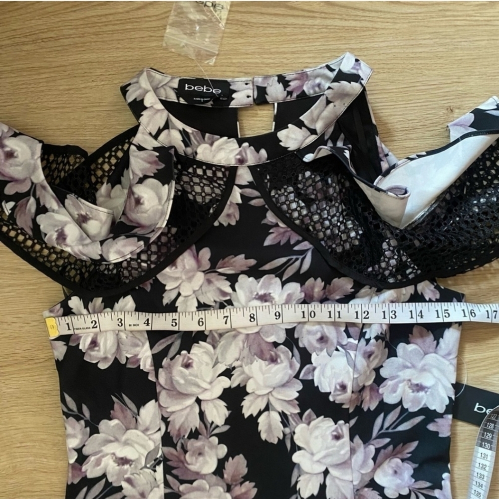 Bebe 8 Black & Pink Floral Mini cocktail dress Cold Shoulder Ruffle - Picture 10 of 16